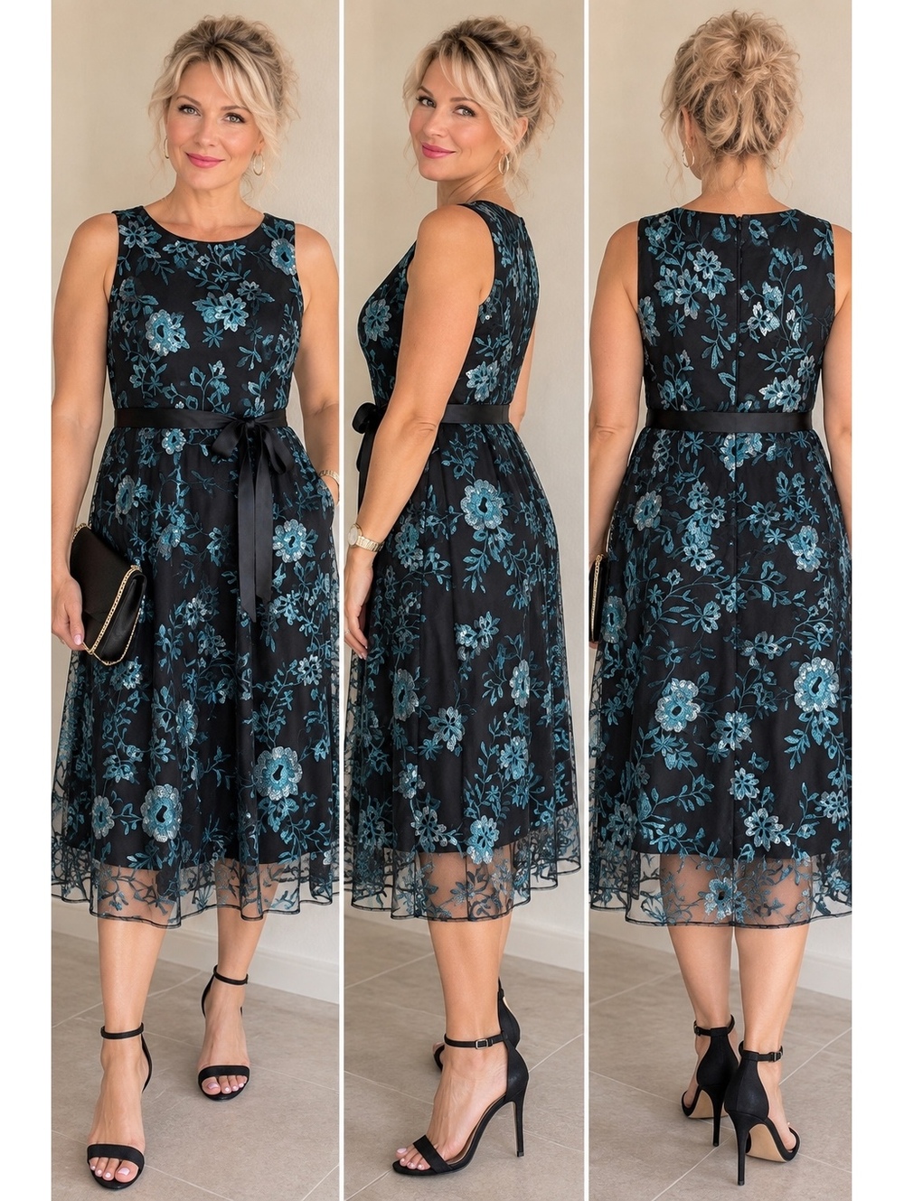 Alex Evenings Women’s Embroidered Sequin Midi Dress Black Teal Size 12–14 NWT